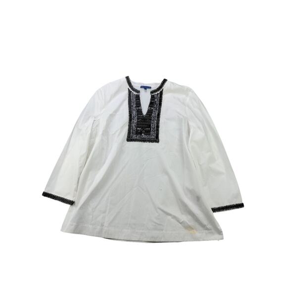 Womens RSVP By Talbots Beaded V Neck Long Sleeve Shirt Size XL White & Brown - Picture 1 of 12